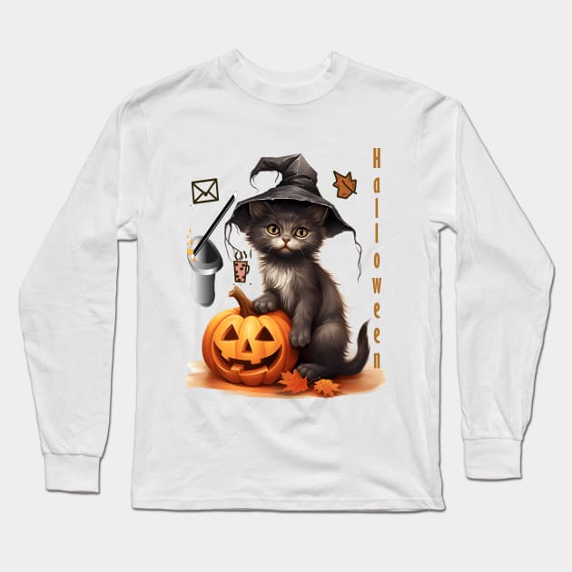 Halloween black cat pumbkins Long Sleeve T-Shirt by ahlama87